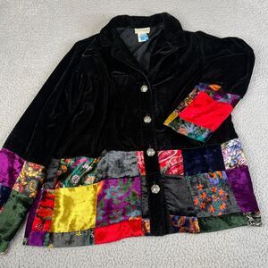 Coldwater Creek Patchwork Velvet Jacket sz M Black Red Floral Button Grannycore